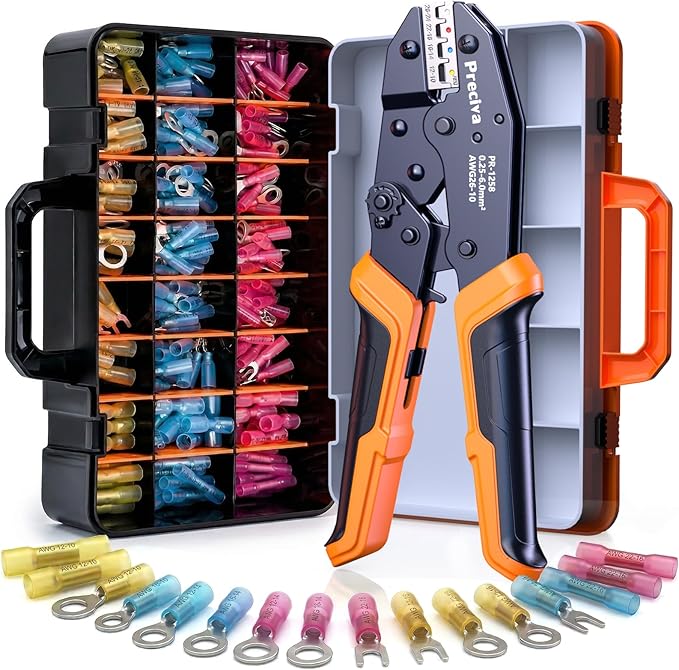Preciva Wire Crimping Tool for Heat Shrink Connectors Kit, with 220PCS 26-10 AWG Heat Shrink Connectors,Ratcheting Crimper for Automotive, Electrical, Marine & Wiring Repairs