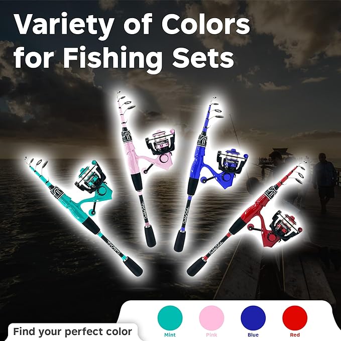 DaddyGoFish Spinning Fishing Rod and Reel Combo Set with Tackle Box | Kids Fishing Pole | Carbon Fiber Telescopic Fishing Rod Kit | Spinning Reel for Travel Saltwater Freshwater Fishing Gear Kit