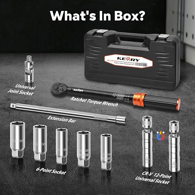 Kerry 10PCS 3/8'' 5-45 Ft.lb Drive Click Torque Wrench Set with Magnetic Spark Plug Socket and 10'' Extra-Long Extension Bar, Universal Joint, 3% Accuracy 72 Tooth Dual-Scales Precision Tool for Car