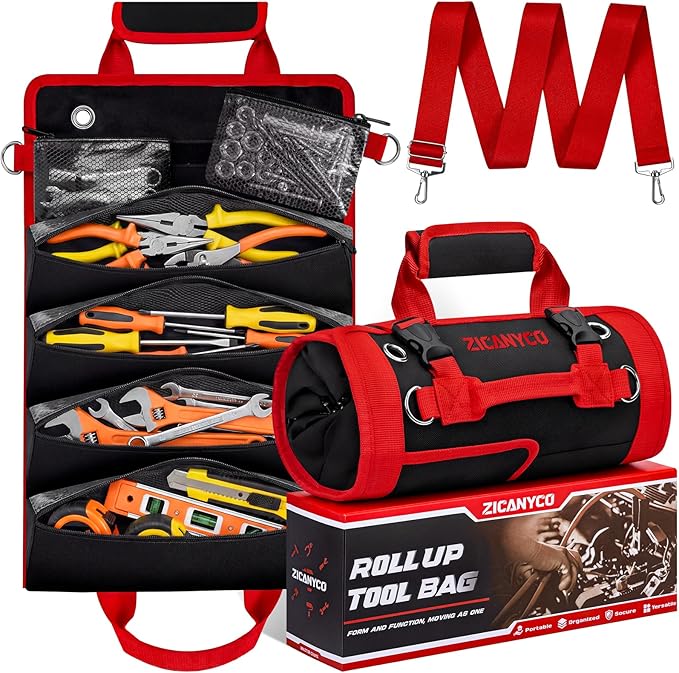 Roll Up Tool Bag, Heavy Duty See-Through Tool Roll Organizer with 2 Detachable Pouches, Portable Mechanic & Motorcycle Tool Bag, Birthday & Father’s Day Gift, Red
