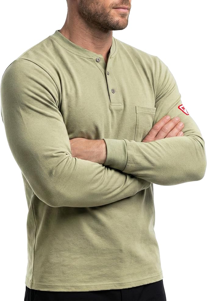 TICOMELA FR T Shirt Flame Resistant Shirt 5.5oz 100% Cotton Light Weight Workwear Men's Long Sleeve Henley Shirts