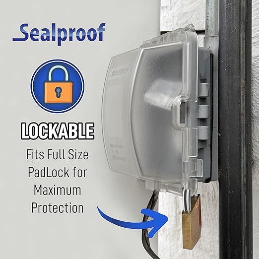 Sealproof 1-Gang Weatherproof Exterior in Use Outlet Cover and Box Kit - Metallic Electrical Outlet Box and UL Extra Duty, Lockable, in Use Outdoor Outlet Cover - Horizontal/Vertical Use