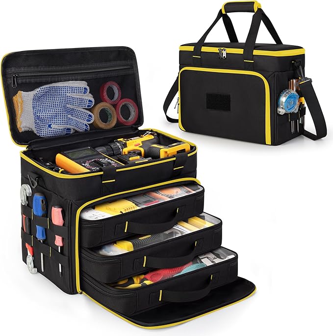 2 Layers Tool Bag with 3 Clear Window Removable Cases, Heavy Duty Tool Tote with Molle Webbing and Detachable Shoulder Strap, Black/Yellow