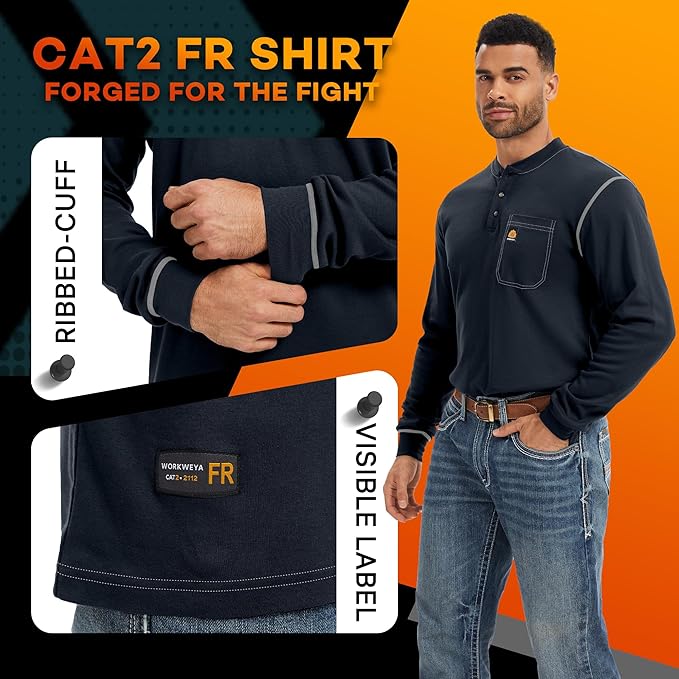 WORKWEYA FR Shirts for Men 6.5 oz Flame Resistant Long Sleeve Henley Shirt NFPA 2112/CAT2