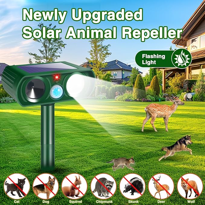 4Pack Solar Ultrasonic Animal Repellent,Cat Repellent Outdoor with Motion Detection Waterproof,Deer Repellent Devices Squirrel Skunk Rabbit Raccoon Bird Deterrents Animal Repeller for Yard Garden