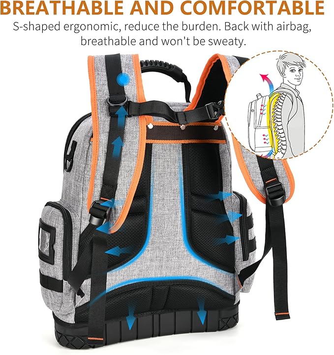 Tool Bag Backpack, 75 Pockets & Loops Heavy Duty Tools Organizer Bags/HVAC Tool Carrier for Eelectrician/Construction Work with Molded Base and Combination Lock, Large, Grey