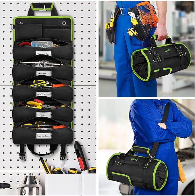 Tool Bag,Large Roll Up Tool Bag Organizer,13 Pockets Tool Roll Storage Pouch,Heavy Duty Portable Tool Storage Carrier Bag for Men,Mechanic,Electrician,Valentines Day Gifts for Men,Black/Green