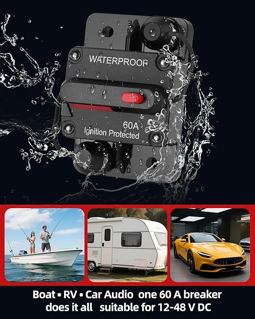60 Amp Marine Circuit Breaker Switch for Trolling Motor Battery Box, Premium 12V - 48V 60A DC Breaker for Boat Motor, RV, Solar Panel & Car Audio, One-Click Reset, No Fuse Needed
