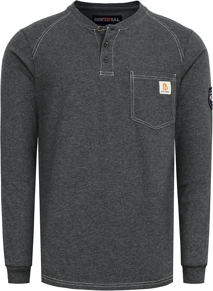 BOCOMAL Men's FR Henley Shirt Flame Resistant 5.5oz Cotton Long Sleeve Workwear UL NFPA2112 CAT2 Welding Tee