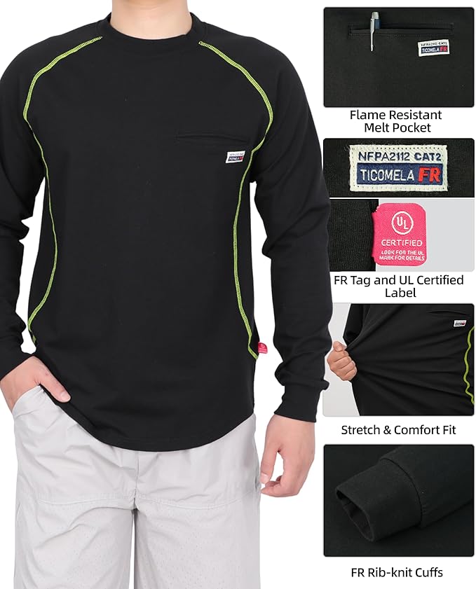 TICOMELA FR T-Shirt, Flame Resistant, Stretch Fit, Hidden Pocket, 6oz Crew Neck Work Shirt for Men 100% Cotton