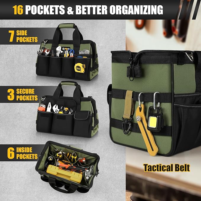 Heavy Duty Tool Bag 15-Inch, 16-Pocket Portable Empty Tool Box Organizer, Big Storage Toolbox Organization, Soft Handle Large Zipper Carrying Toolbag, Father Day Gifts for Him Dad Men, Green