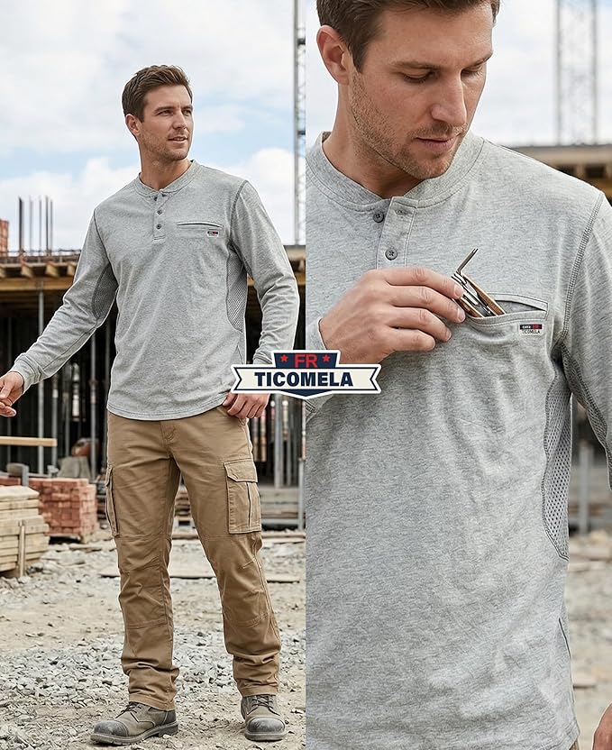 TICOMELA FR Shirts for Men 6oz Flame Retardant Mesh Breathable T-Shirt NFPA2112 Fire Retardant Henley Shirts
