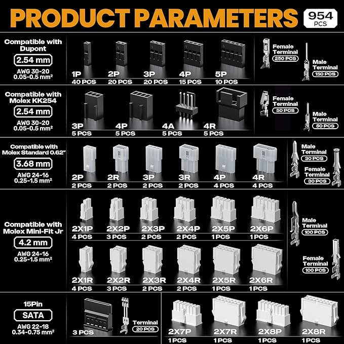 SOMELINE Crimping Tool Connector Kit, 41 Types of Connectors (2.54-4.2mm), Compatible with Molex Mini-Fit Jr 4.2mm, Standard .062" (3.68mm), Dupont 2.54mm, KF2510 and KK254, Crimper for 30-16 AWG Wire