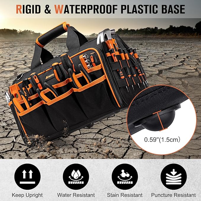 17-Inch Electrician Tool Bags for Men, 46-Pocket Heavy Duty Tool Bag, Foldable Hvac Tool Bag Organizer with Wide Mouth & Adjustable Shoulder Strap for Electricians Mechanics Craftsman Contractor