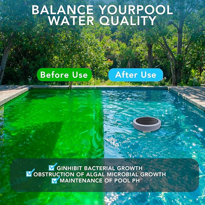 Solar Pool Ionizer - Enhanced with Latest Solar, 90% Less Chlorine, for Pools up to 45,000 Gal, Technology & Longer-Lasting Anode, Reduces Chlorine- Mineral-Based Pool Cleaning Device （Gray）