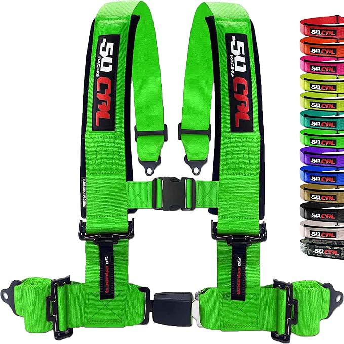 1pc 4 Point Harness for Bucket Seat, Push Release, 10 Color Options, Racing Harness, Race Car, Off Road, UTV, RZR (Green, 2 inch)