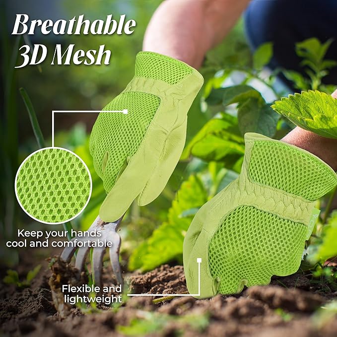 HANDLANDY Work Gloves for Women, Breathable Leather Gardening Glove for Yard Maintenance, Hand Protection with Touch Screen