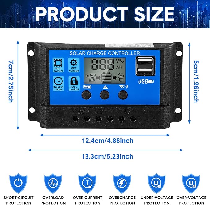 Solar Battery Controller 12v/24v Solar Panel Charge Controller Ground Solar Panel Controller Regulator with Adjustable LCD Display and Dual USB Port Timer Setting PWM Auto Parameter(2 Pieces,30A)