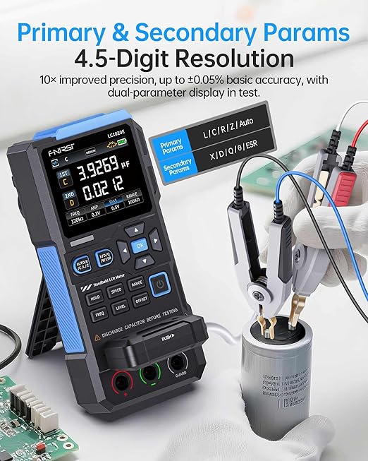FNIRSI LC1020E 100kHz LCR Meter, 19,999 Counts Resistor Inductor Capacitor Tester, Auto Component Detect, Measures ESR/Q/D/θ/X, 2.8” Color TFT, Dual Parameter Display, Sorting & Open/Short Calibration