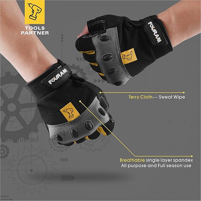 FOUR-AM Work gloves Men Fingerless Mechanic Gloves Shock-Grip, Anti-Collision For Men Women