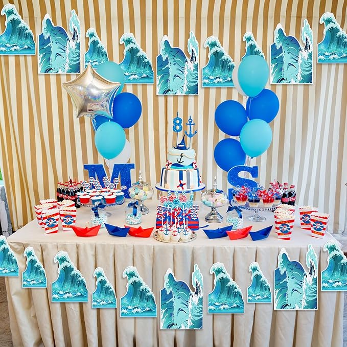 48 Pcs Ocean Waves Stickers 3 Sizes Ocean Theme Party Decorations Set Blue Turquoise Waves Cutouts for Sea Beach Border Trim Blue Wave Waterproof Home Office Wall Decor with Adhesive Dots