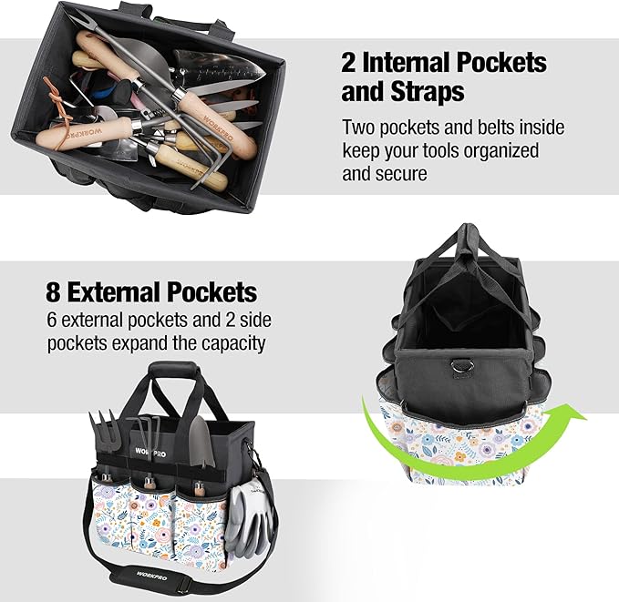 WORKPRO Garden Tool Bag, Heavy-Duty Gardening Tote Bag with 10 Pockets, Stand-Up Wide Mouth Tool Organizer, Adjustable Shoulder Strap, Large Capacity Storage – Floral White (Tools Not Included)