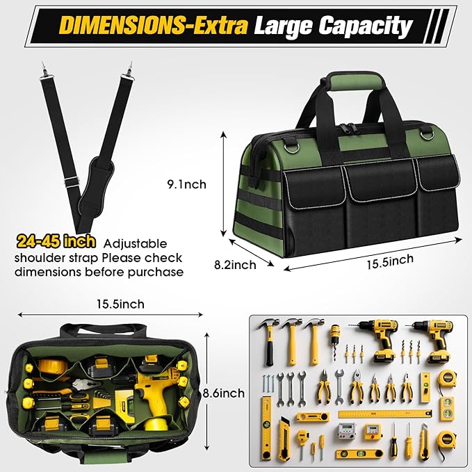 16-Inch Heavy Duty Tool Bag, 19-Pockets Tool Box Organizer, Portable Toolbag W/Soft Handle for Organized Storage, Mechanic Gifts for Men Dad Husband Fathers Day, Wide Mouth Electrician Toolbox, Green