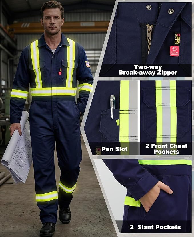 BOCOMAL FR Coveralls Men High Visibility 7.5oz Cotton Twill Flame Resistant Fire Retardant Work Coverall NFPA2112 HRC2