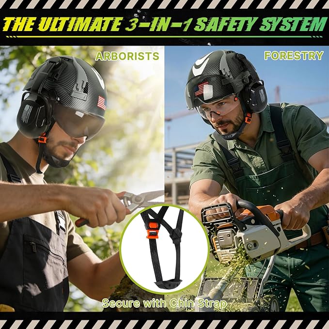 Hard Hat with Dual Visor and Hearing Protection-OSHA Approved Construction Hard Hats with Visor Sunglasses Earmuffs for Men,Vented Forestry Chainsaw Arborist Helmet with Chin Straps