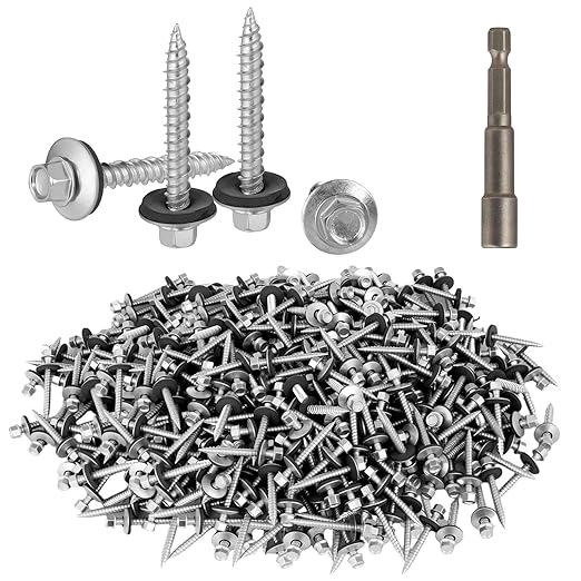Hex Head Roofing Screws #10 × 1-1/2 Inch, 500Pcs Zinc Plated Self Tapping Metal Roof Screws with Rubber Washers for Corrugated Roofing Panels (Hex Socket Included)