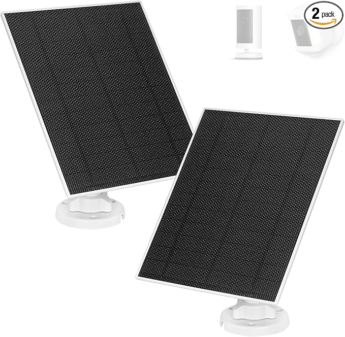 LIYVZ Solar Panel for Ring Camera, 5W Solar Charger with Battery Ring Spotlight Cam & Stick Up Cam, Outdoor Camera with 13FT DC Barrel Plug and USB-C Adapter, White, 2 Pack