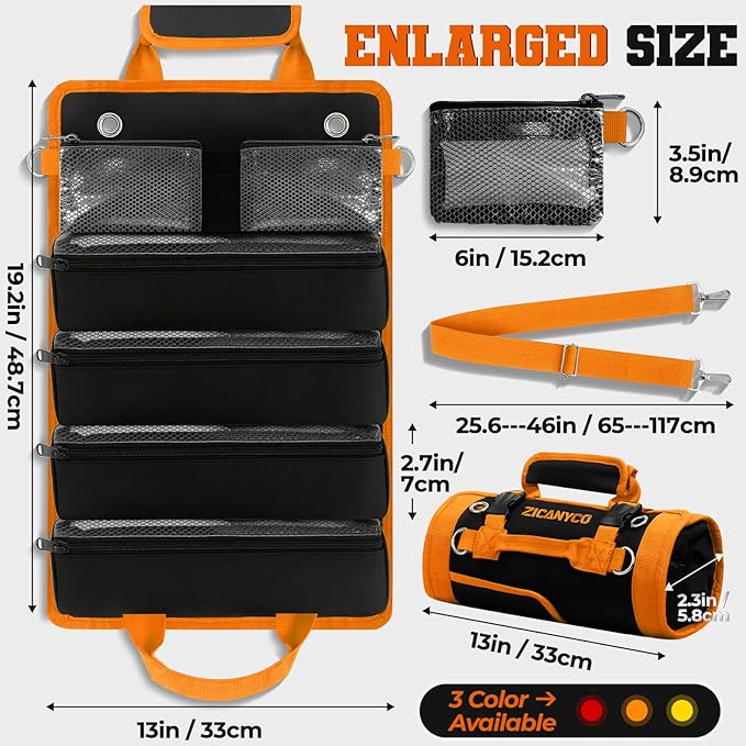 Roll Up Tool Bag, Heavy Duty See-Through Tool Roll Organizer with 2 Detachable Pouches, Portable Mechanic & Motorcycle Tool Bag, Birthday & Father’s Day Gift, Orange