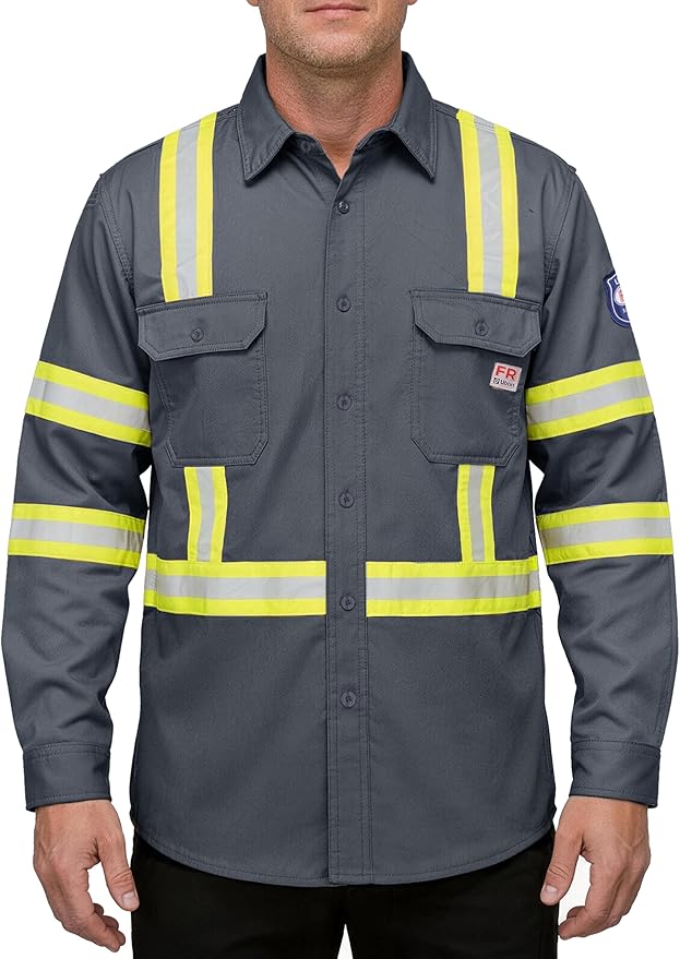 Ubon FR Shirts for Men High Visibility Welding Shirt 100% Cotton Button Down Long Sleeve Safety Workwear 6.5 oz