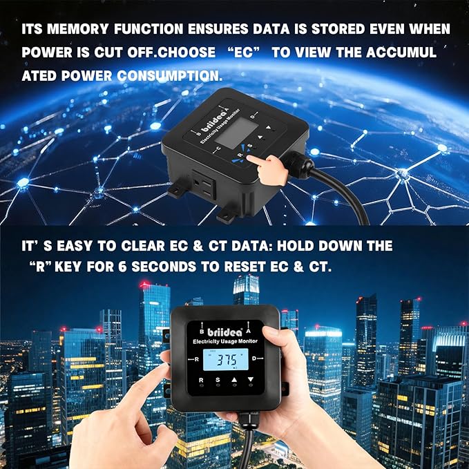 briidea Electricity Usage Monitor, 4-Outlet Power Consumption Watt Voltage Amp Meter Tester, Real-Time Energy Analyzer with Backlit LCD, Overload Alerts, Memory Function for Home Appliances