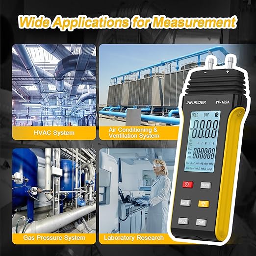 Manometer, Digital HVAC Gas Pressure Tester, Professional Air Pressure Meter, Handheld Gas Pressure Meter, 11 Selectable Units Differential Pressure Gauge YF-189A with Backlight
