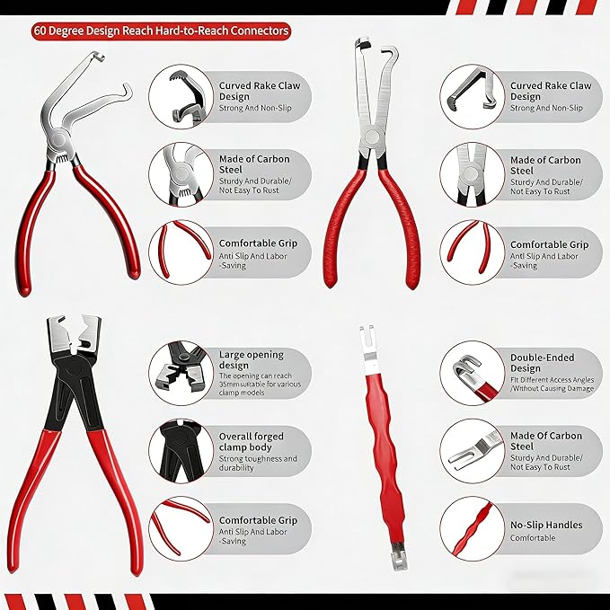 5-Pcs Kit Electrical Disconnect Pliers Set w/Gloves - Auto Connector Tool for Fuel Line, Wiring, Sensors & Coils | Quick-Release Car Truck Repair (Red)