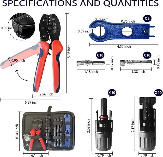Solar Crimper Tool Kit, 1PCS Crimper for 2.5/4/6mm² Solar Cable, 2 Pcs Spanner Wrench, Solar Connectors, 10 Pairs Mc4 Connector for Solar Panel Cable Assembly and Installation