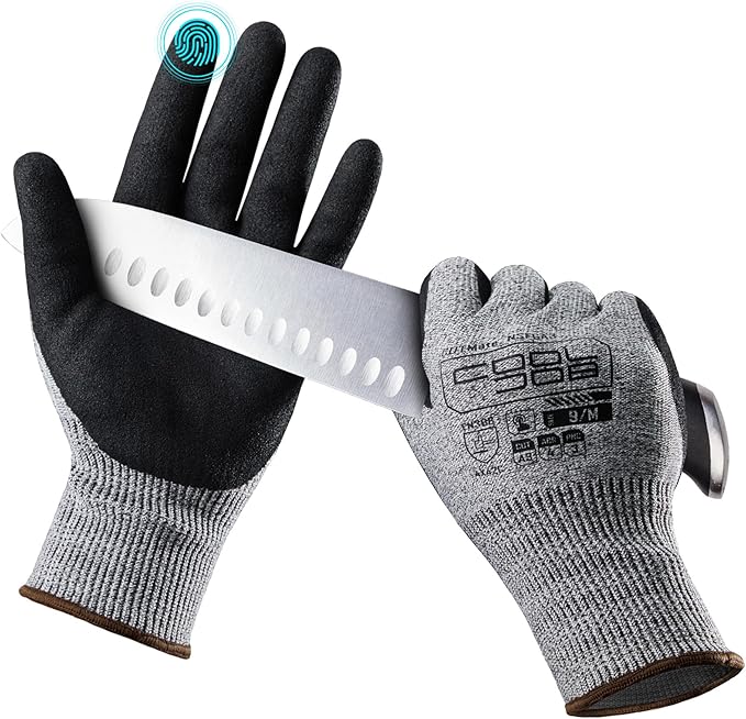 COOLJOB A3 Cut Resistant Fishing Gloves for Men, Touchscreen Safety Work Gloves with Grip Nitrile Rubber Coating for Glass Handling Wood Carving, Saltwater Fishing Gear, Grey, Medium, 1 Pair