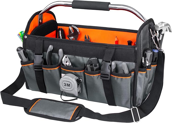 16 Inch Open Top Tool Bag, Thick 1680D Fabric, Foldable 29 Pockets Tool Tote Bags with Stainless Steel Handle & Padded Shoulder Strap, Easy Carry and Easy Tool Access