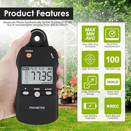 PAR Meter for led Grow Lights High Precision Quantum Sensor Par Light Meter PPFD Tester for Measuring Plants Photosynthetic Activity in 400-700nm Par Meter Light Lux Tester