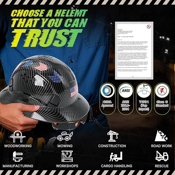 Carbon Fiber Pattern Full Brim Hard Hat with Visor-OSHA Approved Construction Safety Helmet for Men Women,ANSI Z89.1 Vented Reflective Hardhat with Hard Hat Chin Strap,6-Point Suspension