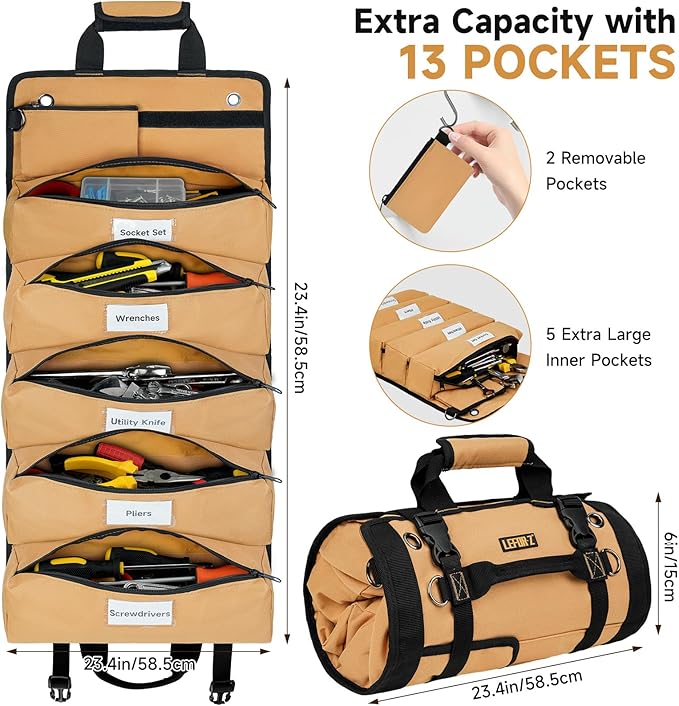 Tool Bag,Large Roll Up Tool Bag Organizer,13 Pockets Tool Roll Storage Pouch,Heavy Duty Portable Tool Storage Carrier Bag for Men,Mechanic,Electrician,Valentines Day Gifts for Men,Brown