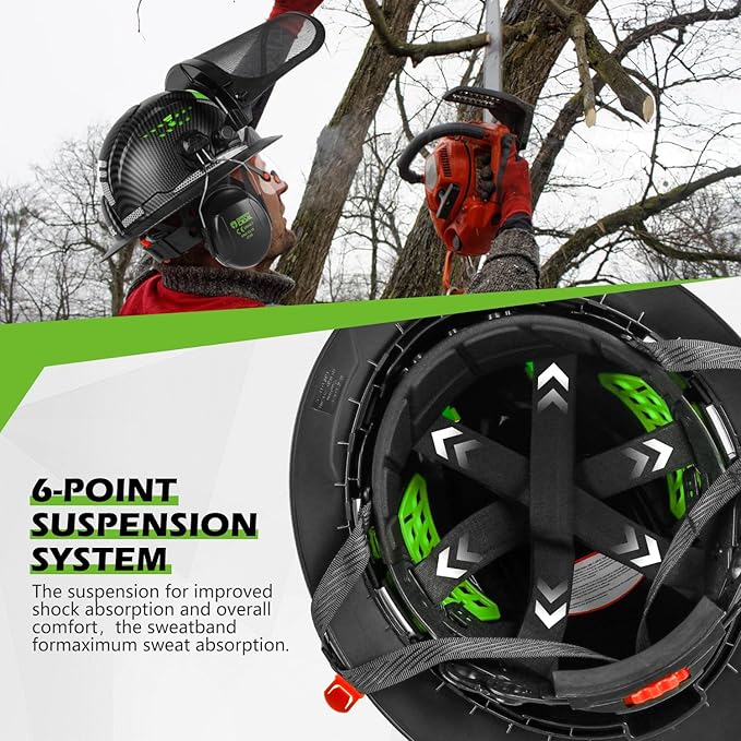 GREEN DEVIL Industrial Chainsaw Helmet with Face Shield Built in Visor and Ear Muffs 4 in 1 System ANSI Z89.1 Safety Hard Hat Adjustable Headgear Ideal for Forestry and Arborist Work Full Brim Style