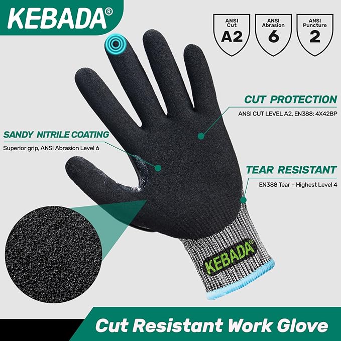 Kebada Impact Protection Gloves, ANSI A2 Cut Resistant Work Gloves with Grip, Touchscreen, Sandy Nitrile Coated