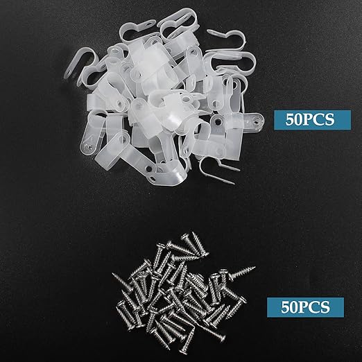50 Pcs 3/8 Inch R-Type Clip Clamp, Nylon P-Type Mounting Clips, Cable Clip Wire Clamp for Wire Management, Stainless Steel Screws Included