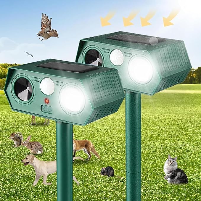 2025 Solar Animal Repellent,Upgraded Ultrasonic Cat Repellent Outdoor,Waterproof Deer Deterrent for Bird Dog Skunk,Squirrels Deterrent with Motion Detection Flash Lights for Farm Patio (2 Pack)