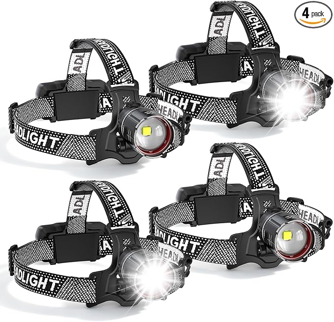 Super Bright LED Headlamp 4 Pack, High Lumen Rechargeable Head Lamp with Motion Sensor, 5 Modes, IPX5 Waterproof, 90° Adjustable, Zoomable Head Lights for Adults, Hard Hat, Outdoor, Camping