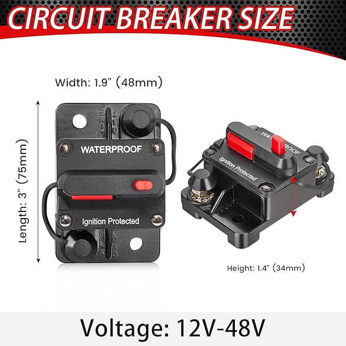 RED WOLF Waterproof 100Amp Circuit Breaker for Boat Trolling Motor Marine ATV Vehicles Stereo Audio Electronic Battery System Inline Fuse with Manual Reset Switch 12V-48V DC