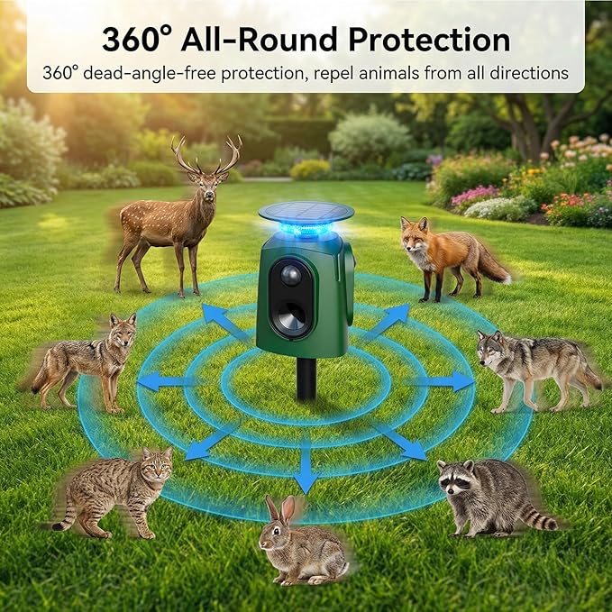 Cat Repellent Outdoor Solar Powered Ultrasonic Deer Repellent 360 Degree Animal Deterrent Squirrel Repeller with Flashing Light Outdoor Skunk Repellent Waterproof Yard Lawn Orchard Garden