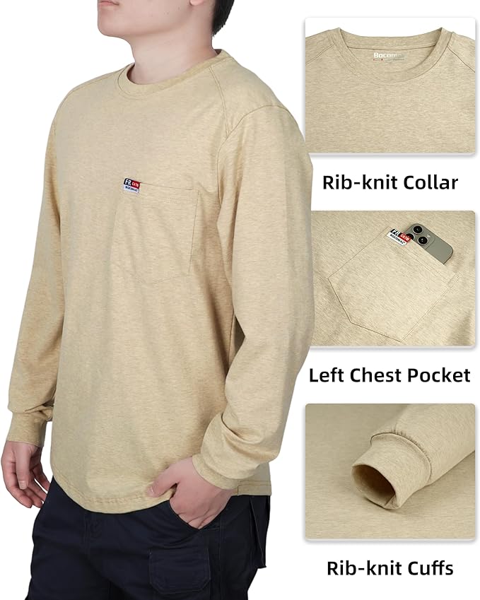 BOCOMAL Men's FR Shirts Long Sleeve Crewneck EX Soft Heather Series 6oz Midweight Flame Resistant Work T Shirt CAT2